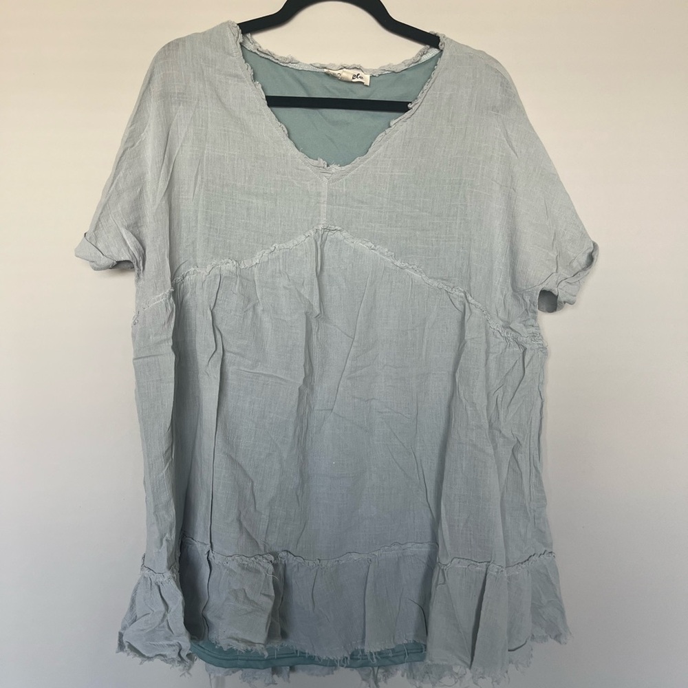 Listicle Green V-Neck Raw Hem Short Sleeve Babydoll Tunic Mini Dress